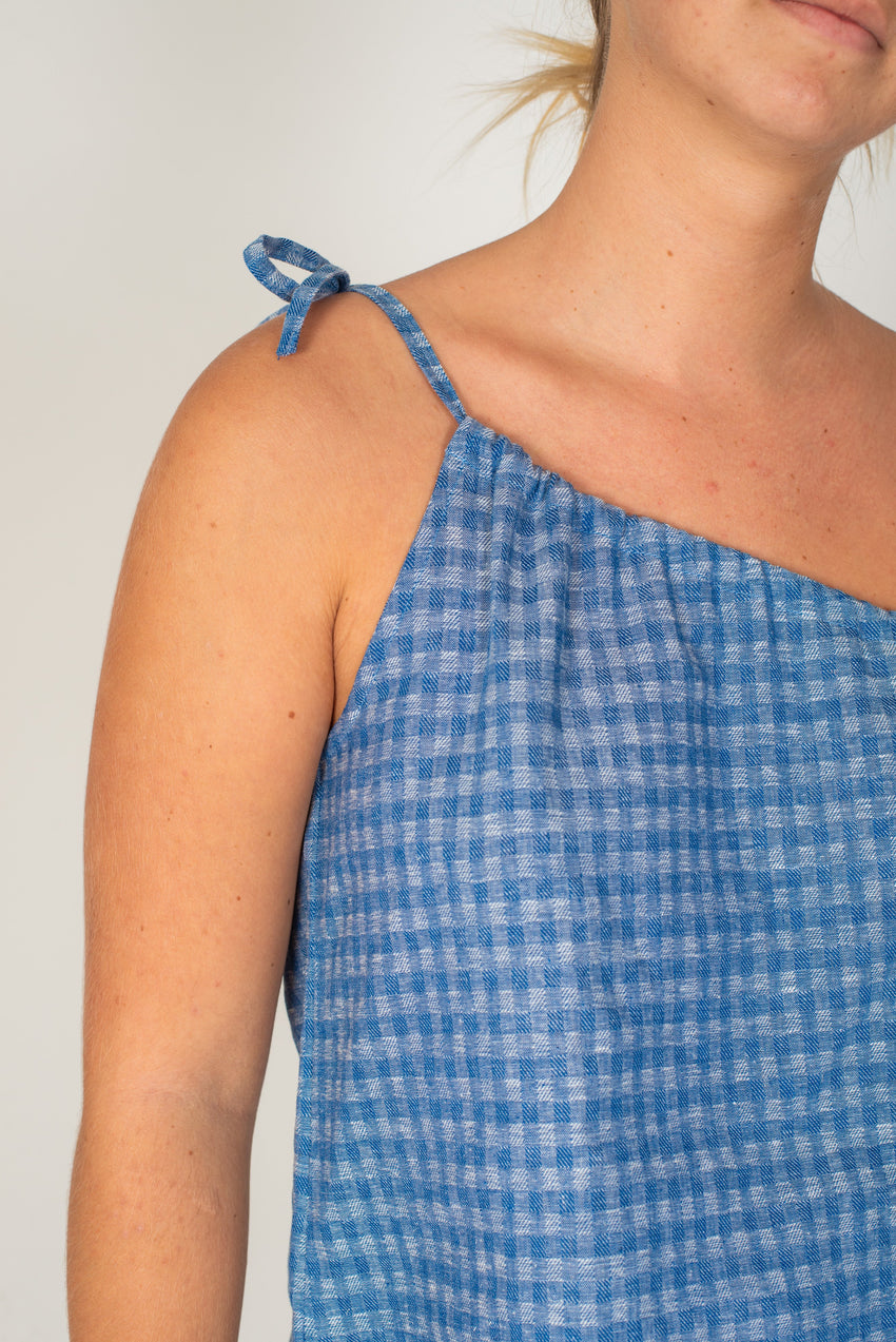 One Shoulder Tie - Blue Gingham