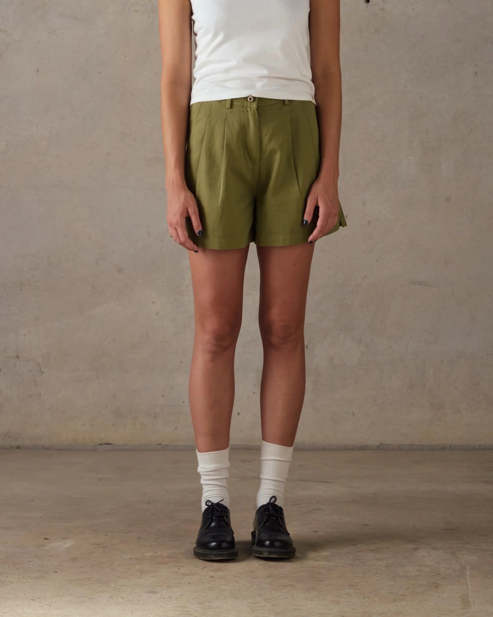 Double Pleated Twill Shorts - Green