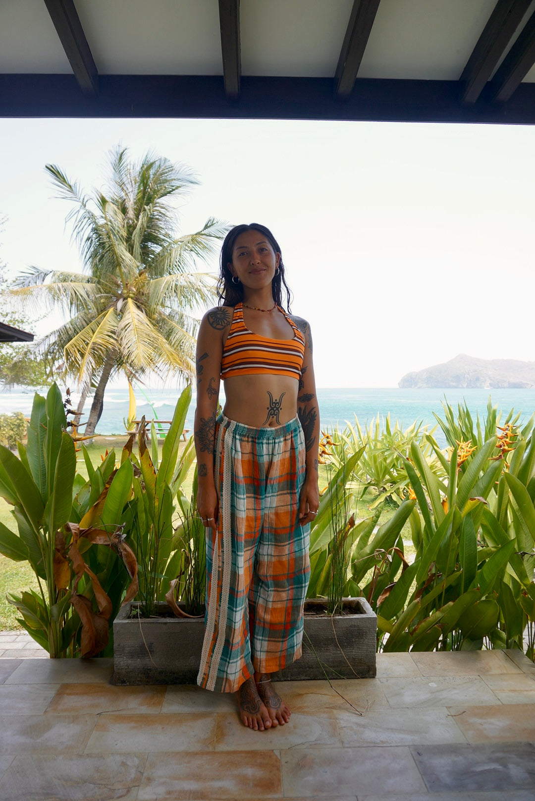 Rozzie Elastic Waist Pant - Citrus/Teal Check